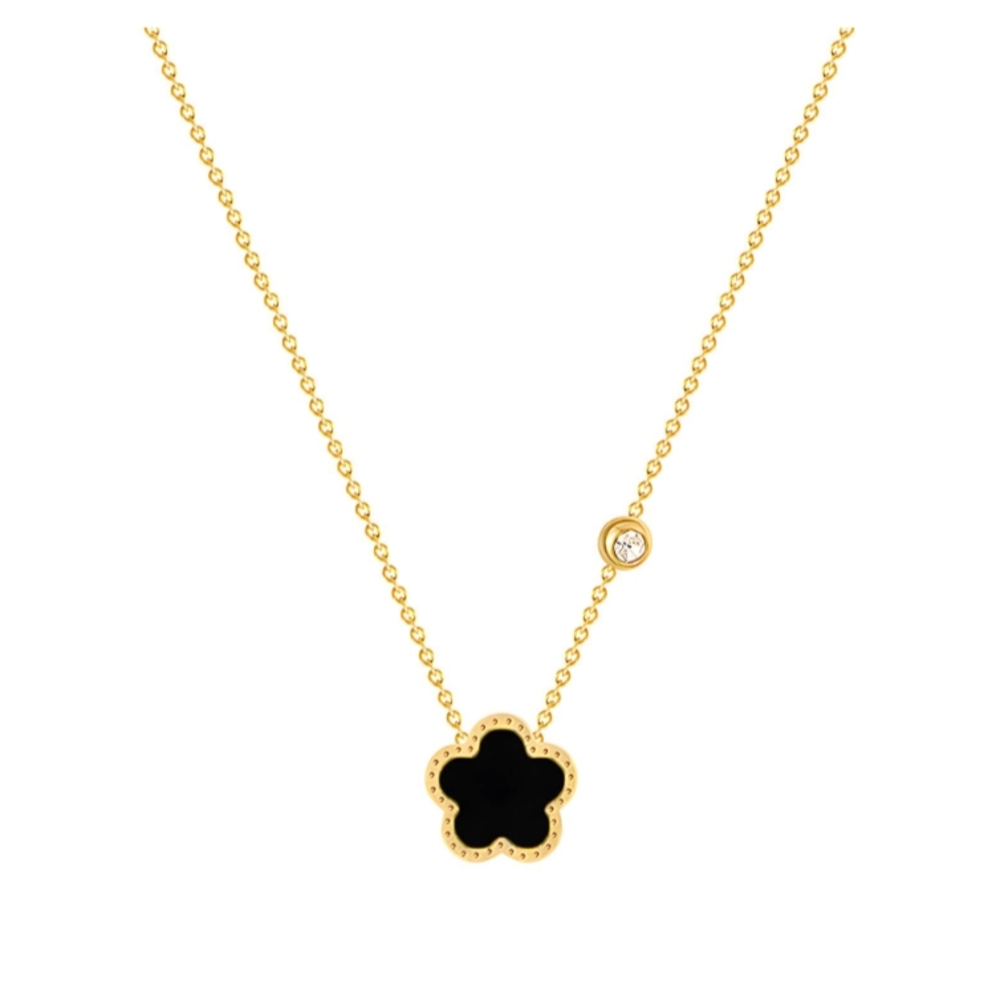 Stainless Steel Elegant Gold Plated Black Flower Pendant Necklace